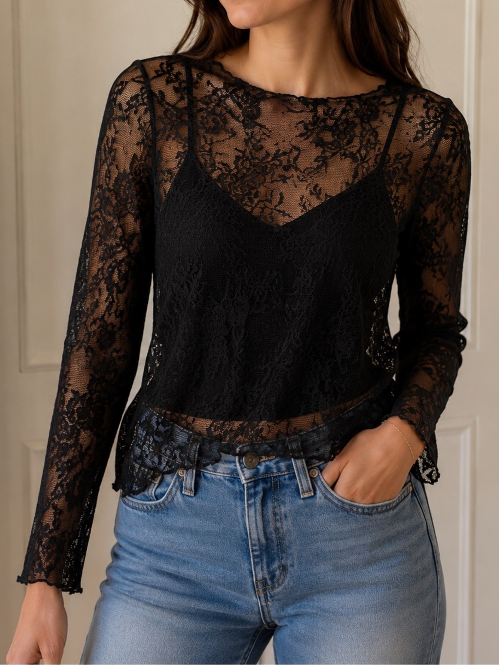Black | Sheer | Floral Lace Long Sleeve Top | Romantic Y2K Layering Piece